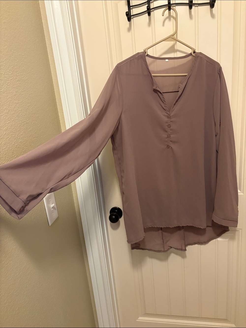 3 Plus Size Light Mauve V-Neck Button-Front Long Sleeve Sheer Blouse Longer back